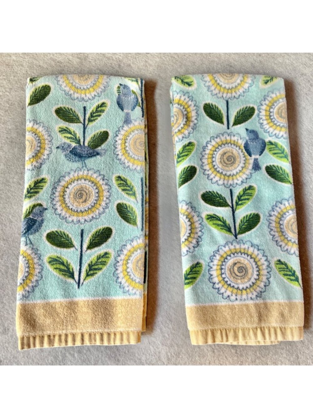 Floral & Bird Kitchen Tea Towels Terry 27.5x17 Set of 3 Yellow, Aqua Blue Green - Picture 3 of 10